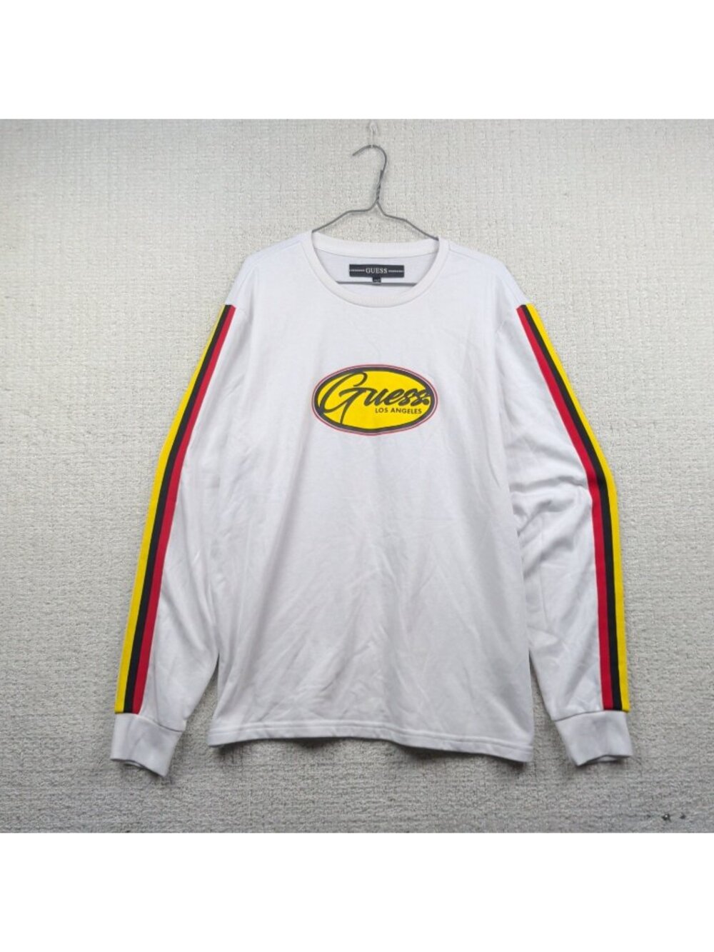 Y2K Guess White Long Sleeve Shirt w/ 3-Stripes Germany Colors Retro Logo Men XL